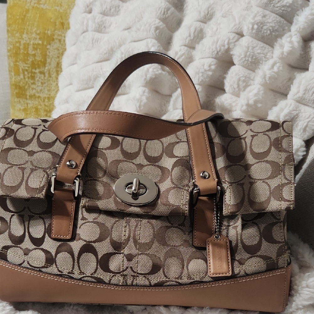 Coach Tan & Brown Signature Canvas Satchel with Turnlock